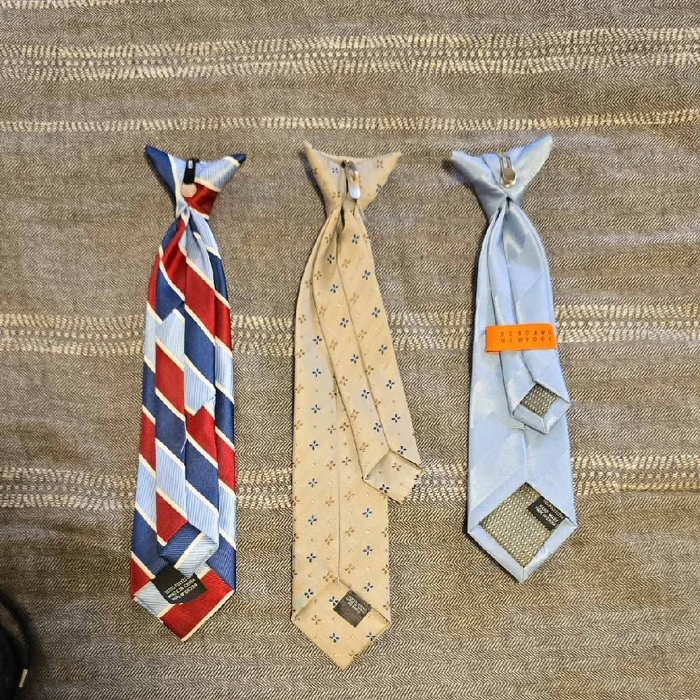 Boys’ Red & Navy Stripe Tie, Beige Pattern Tie, and Light Blue Clip On Tie Set